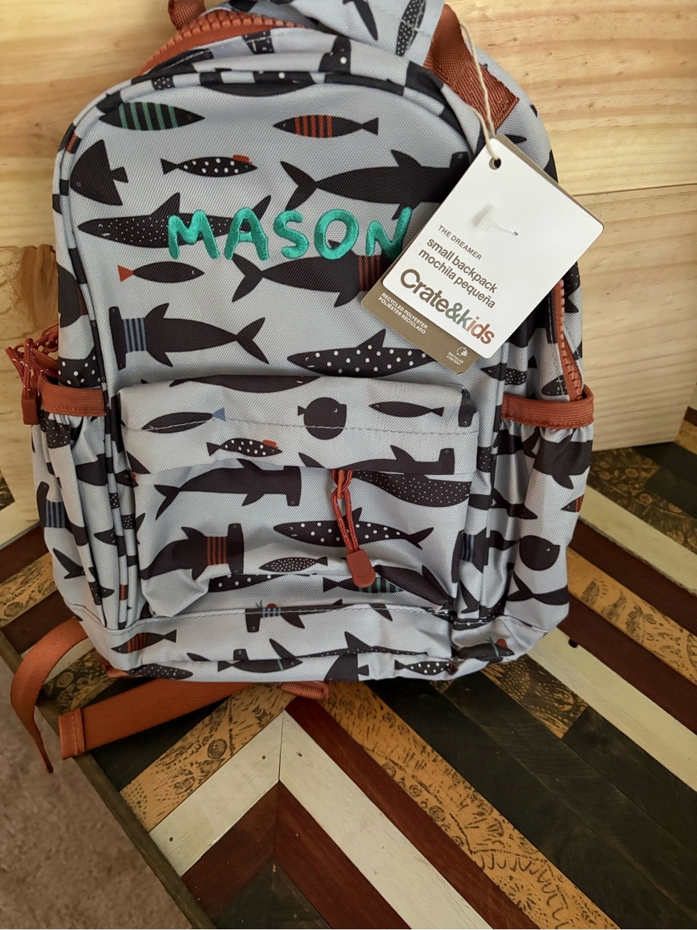 Crate&Barrel Kids Gray Shark Print Backpack with Teal Name Embroidery
